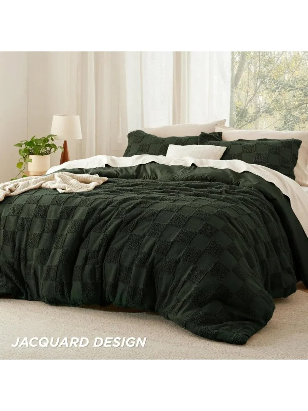 Cozy Dark Olive Green Queen Comforter Set, Boho Plaid 3-Piece Bedding Ensemble